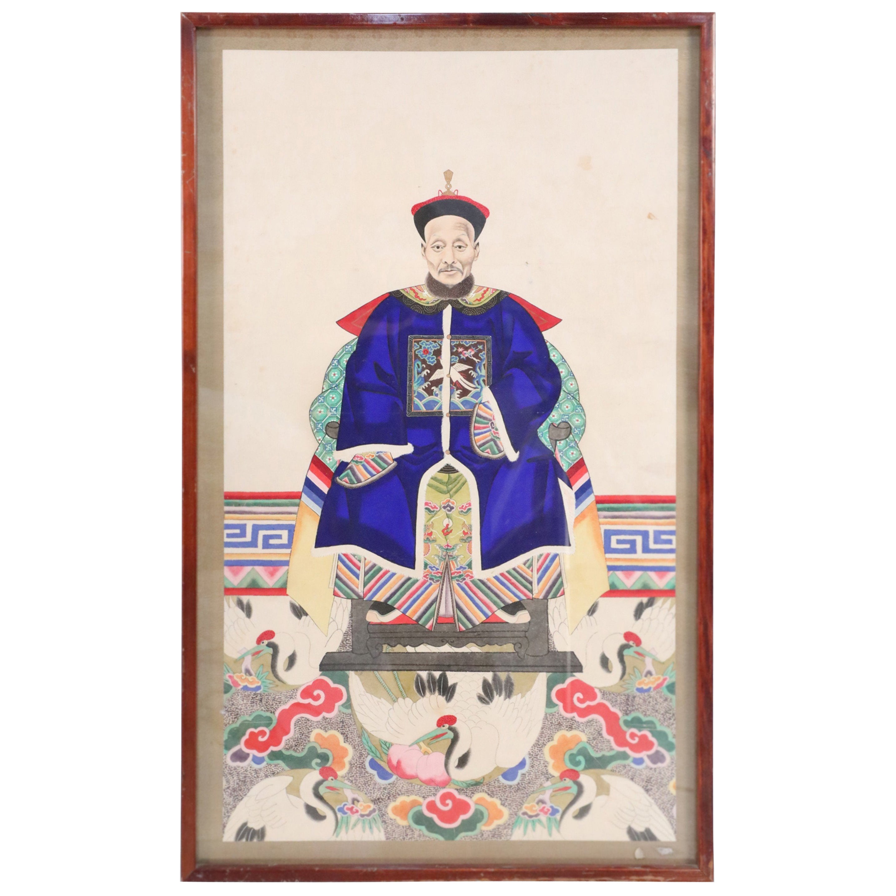 Framed Chinese Ancestor Portrait Print with Royal Blue Robes