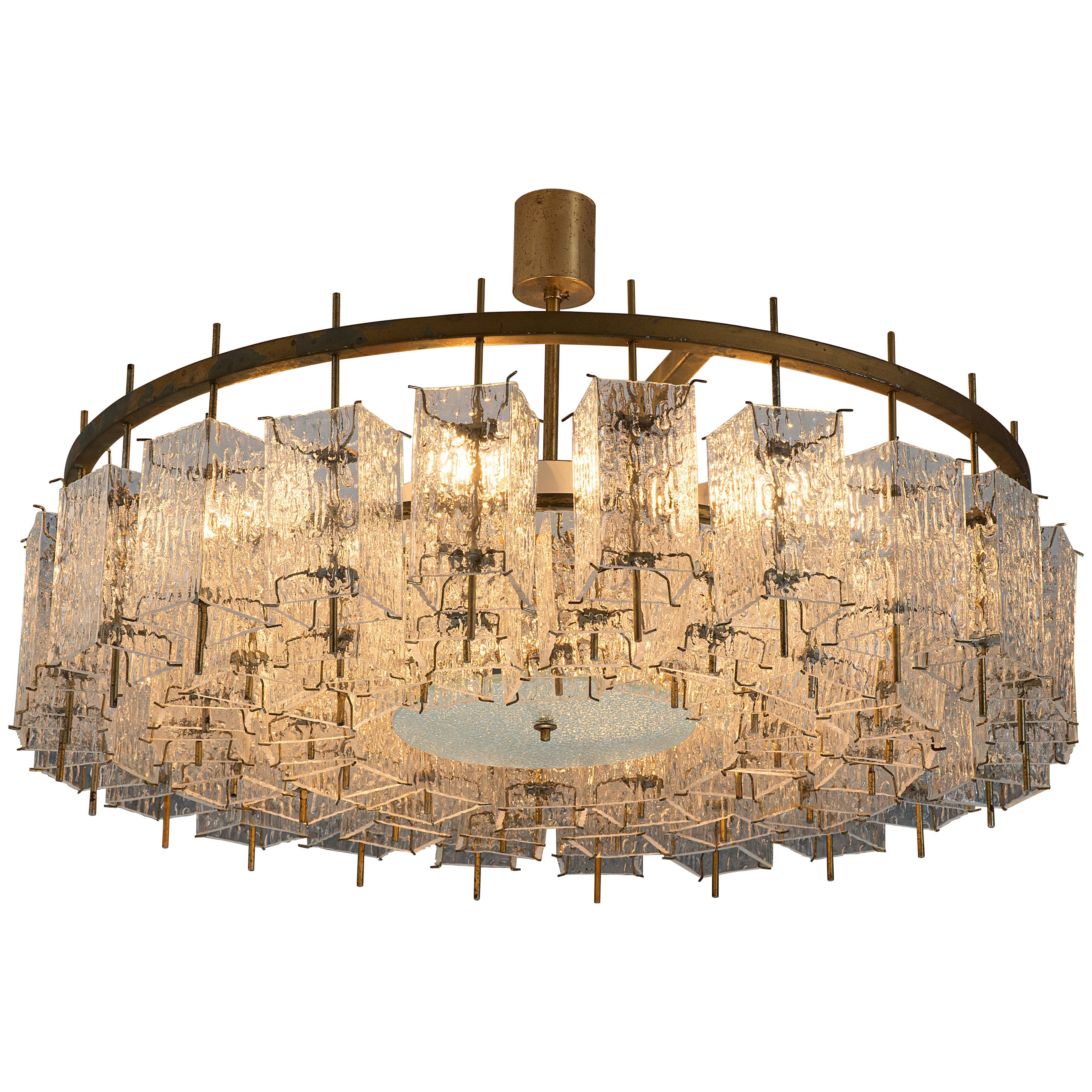 Chandelier in Structured Glass and Brass