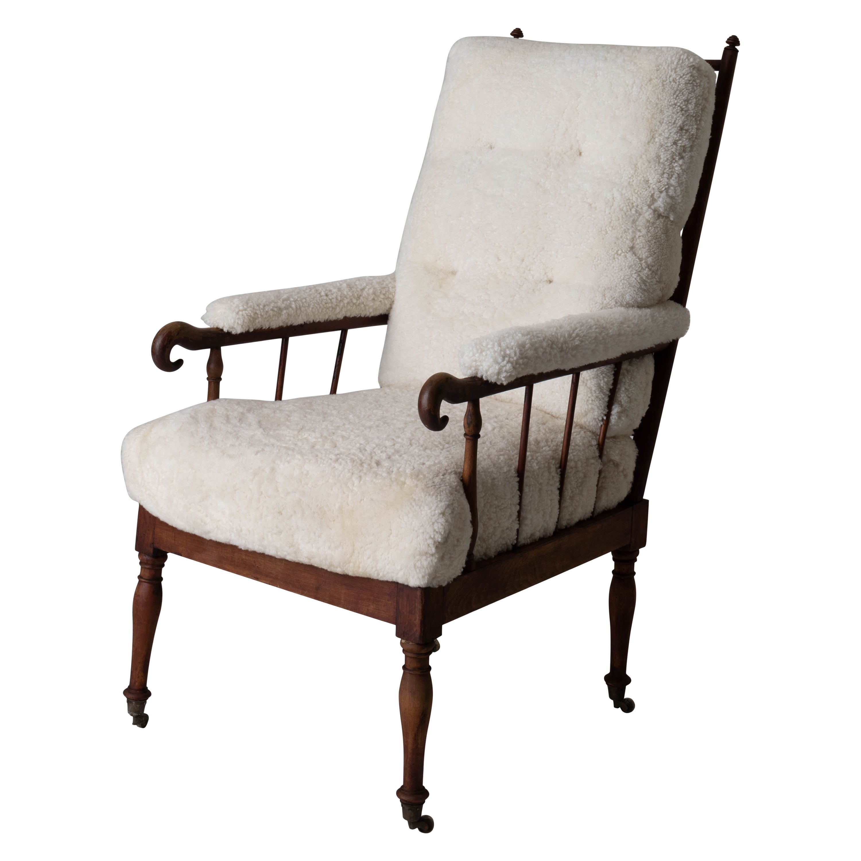 Armchair Tall Back Swedish Shearling White Brown Frame 19th Century Sweden 