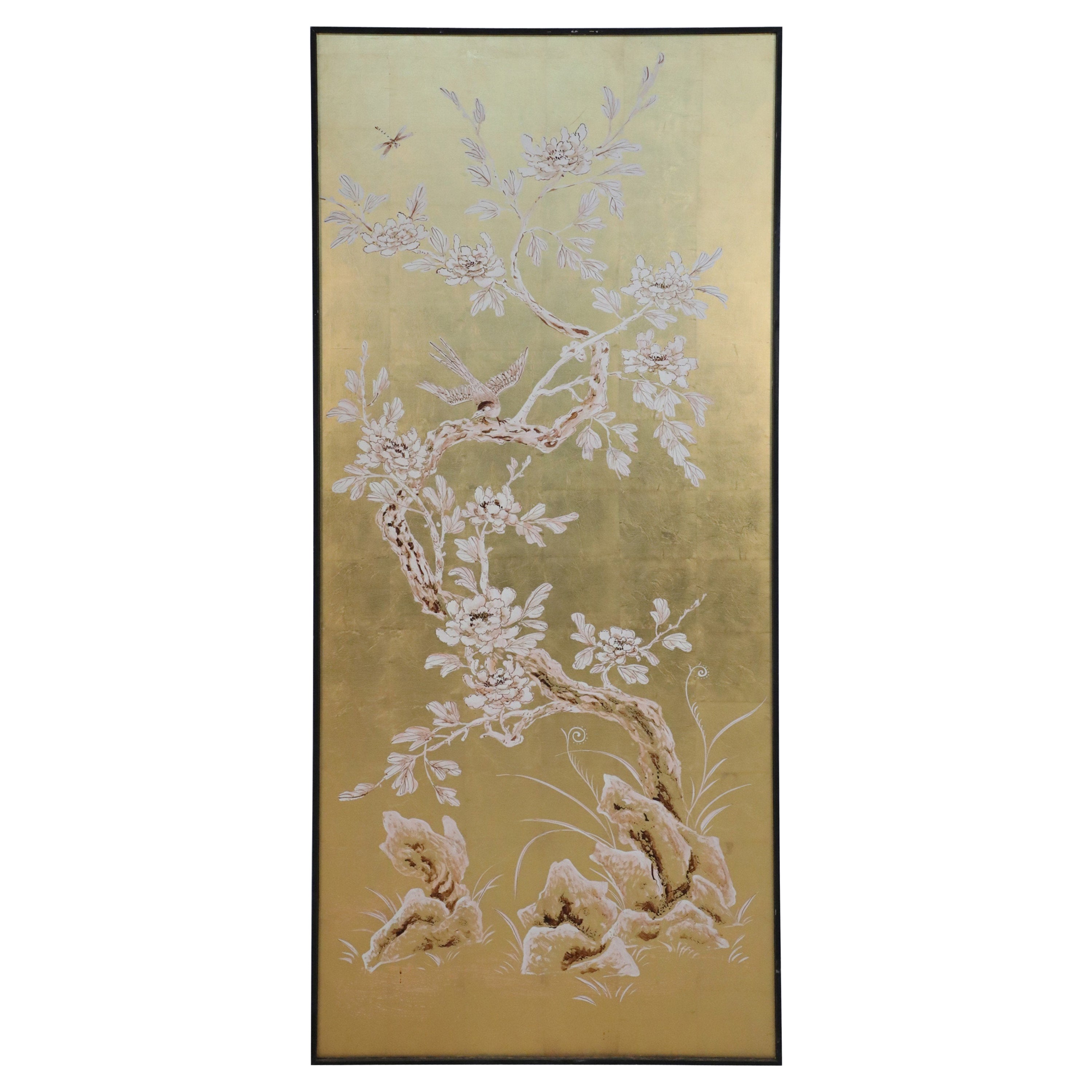 Chinese Framed Acrylic and Gold Leaf Painted Panel of a Flowering Tree