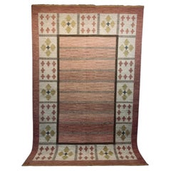 Mid Century Swedish Wool Kilim by Ida Rydelius Geometric Design Tassel Edged
