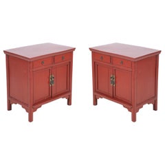 Pair of Chinese Red-Painted Wooden Commodes / Side Tables