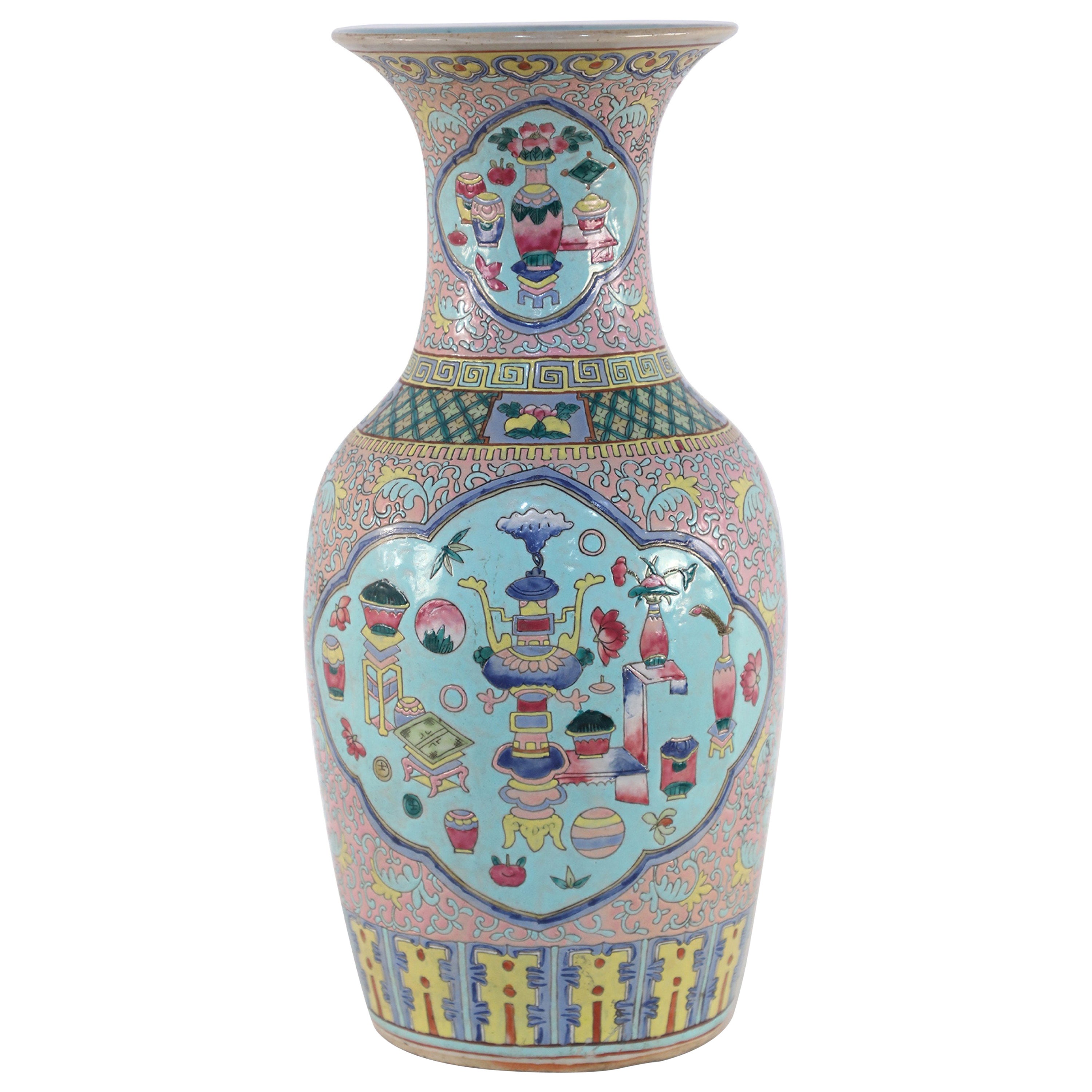 Chinese Pink Floral and Blue Cartouche Porcelain Urn For Sale