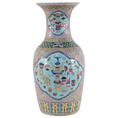 Chinese Pink Floral and Blue Cartouche Porcelain Urn