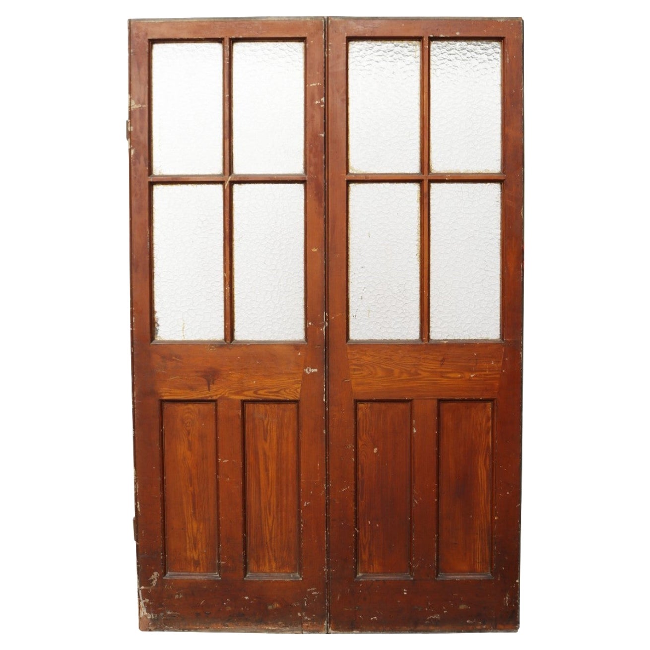Two Reclaimed Pine Doors with Textured Glass For Sale