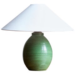 Erik Mornils, Table Lamp, Green Glazed Ceramic, Brass, Nittsjö, Sweden, 1940s