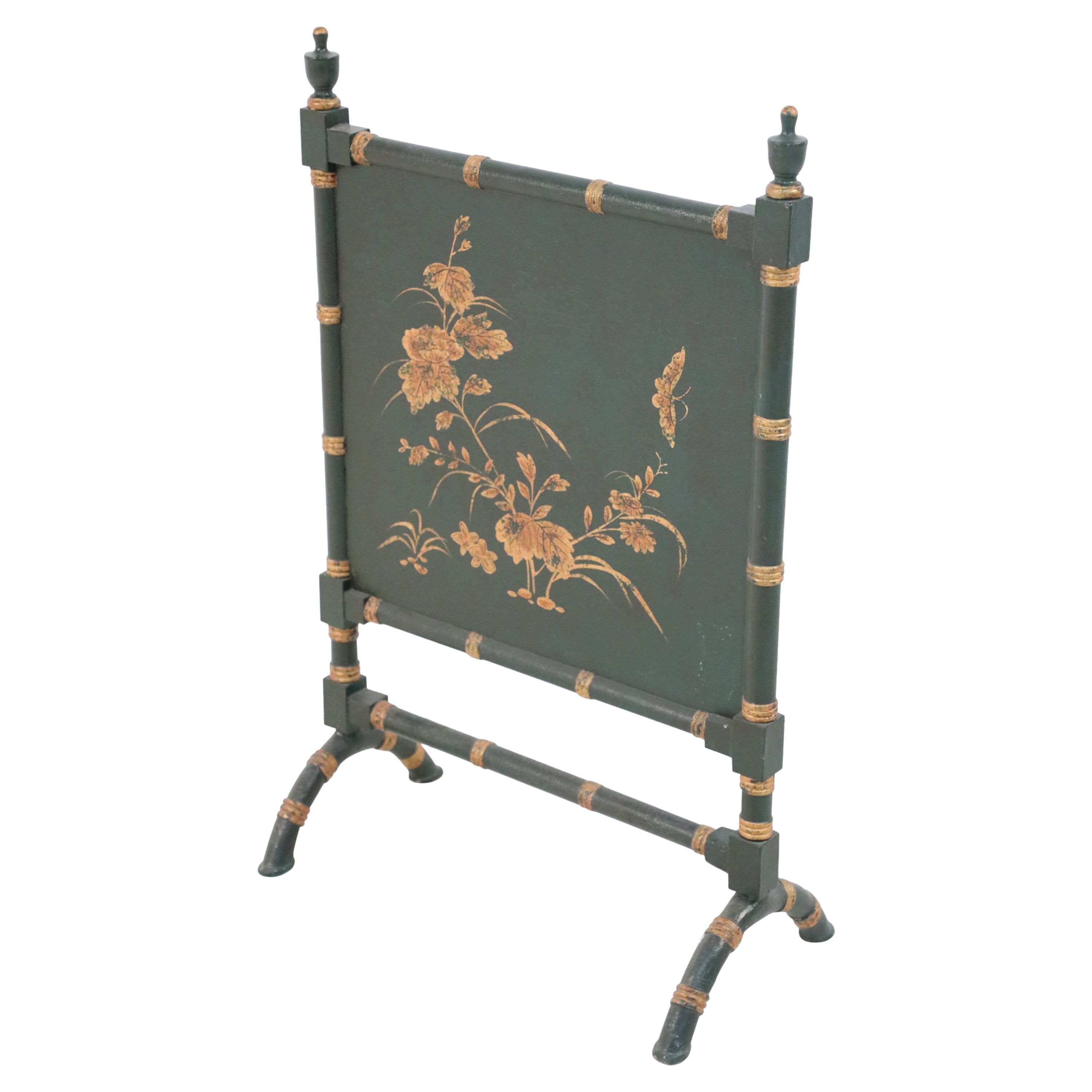 Chinese Green Painted Faux Bamboo and Gold Design Fireplace Screen