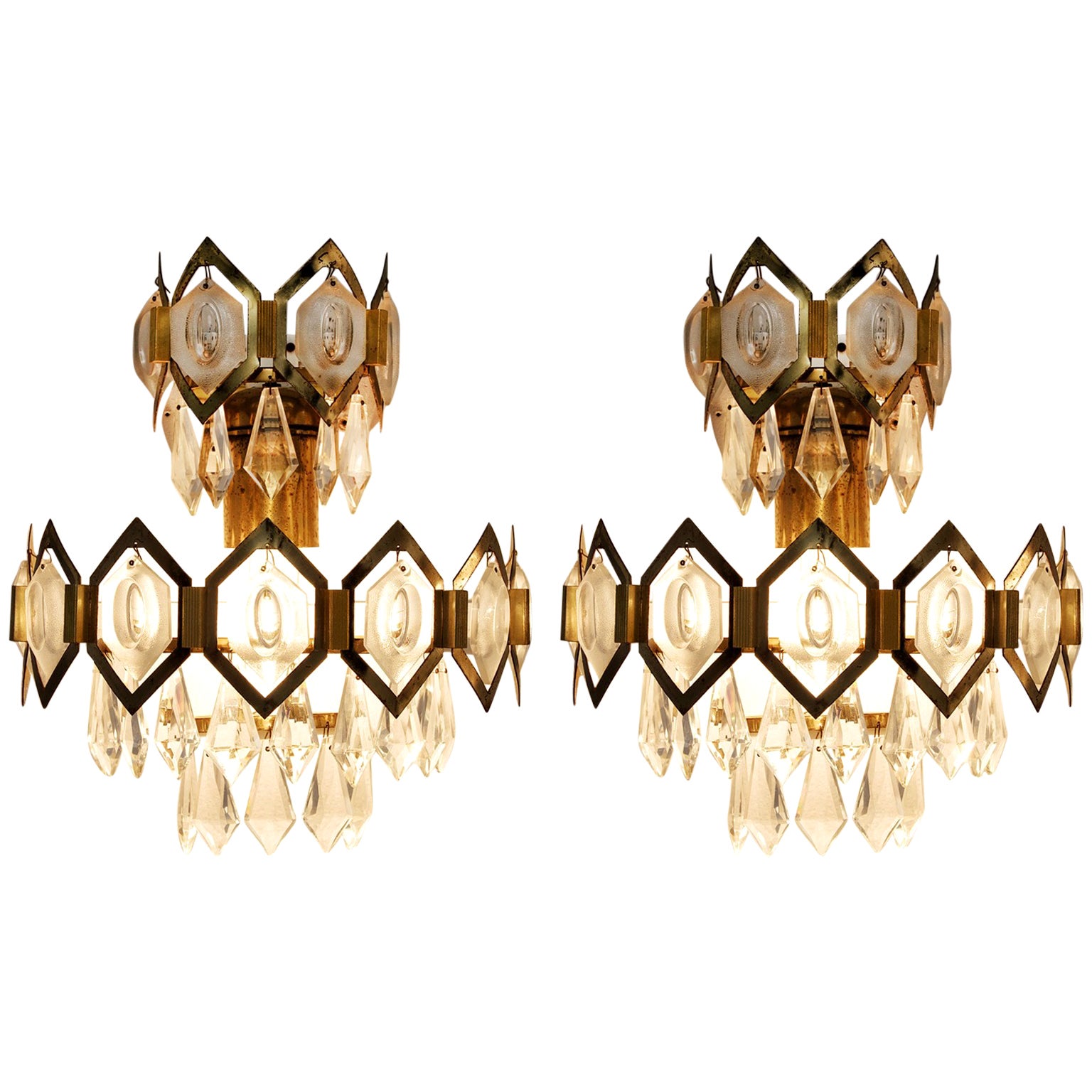 Pair of Crystal Glass and Brass Sconces For Sale