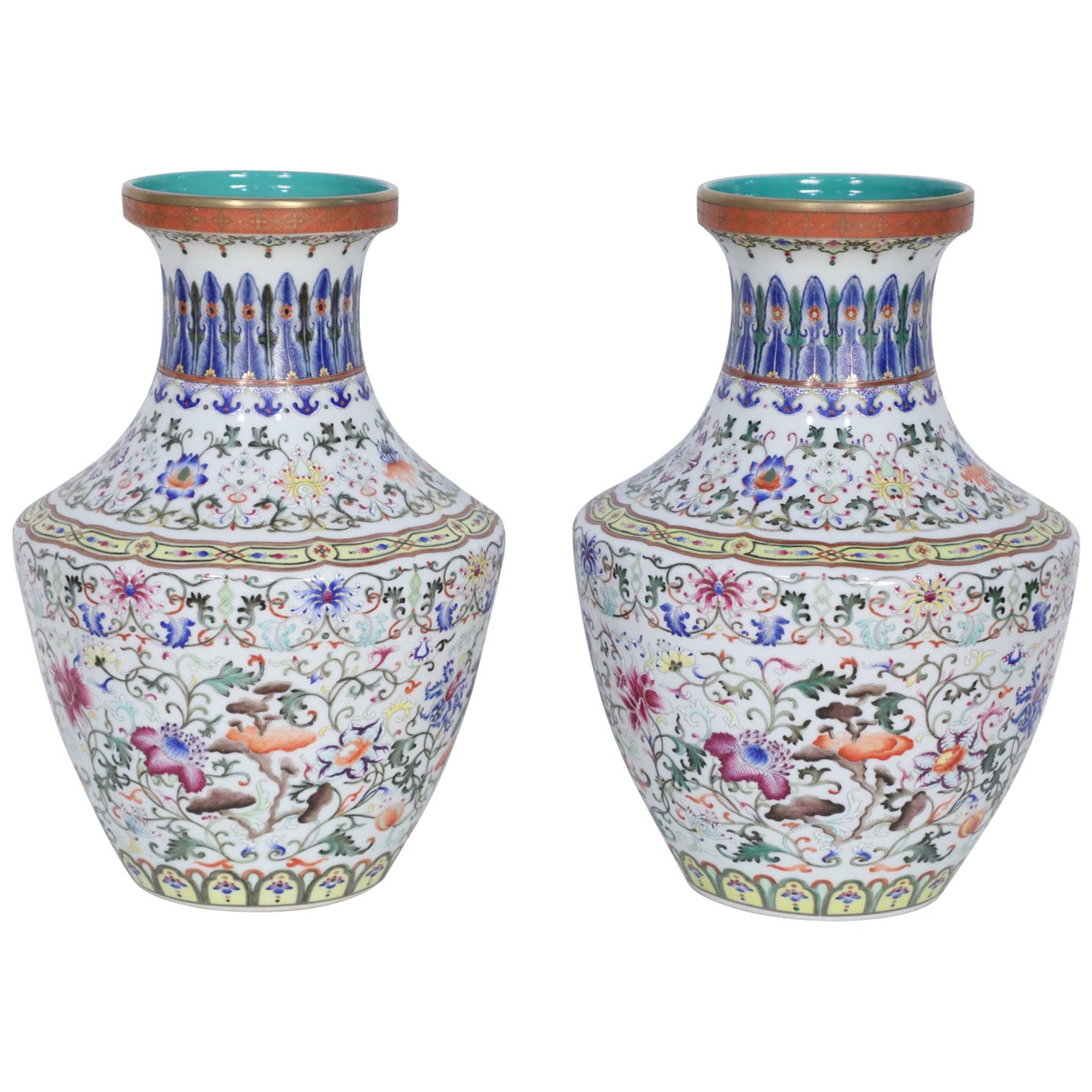 Pair of Chinese Multi-Color Pattern Porcelain Vases
