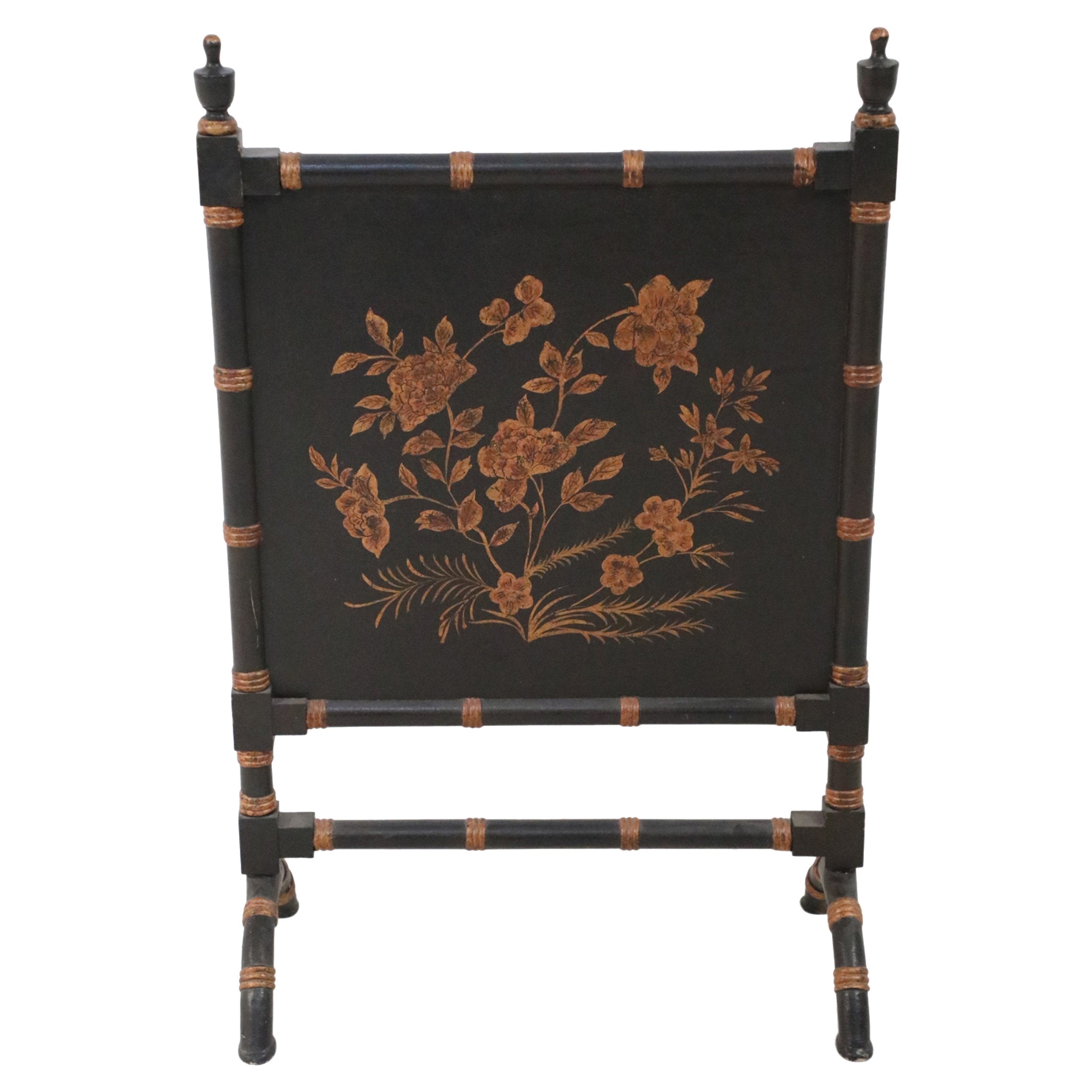 Chinese Black Painted Faux Bamboo and Gold Florals Fireplace Screen