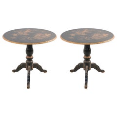 Pair of Contemporary Chinese Hand Painted Black and Gold Center Tables