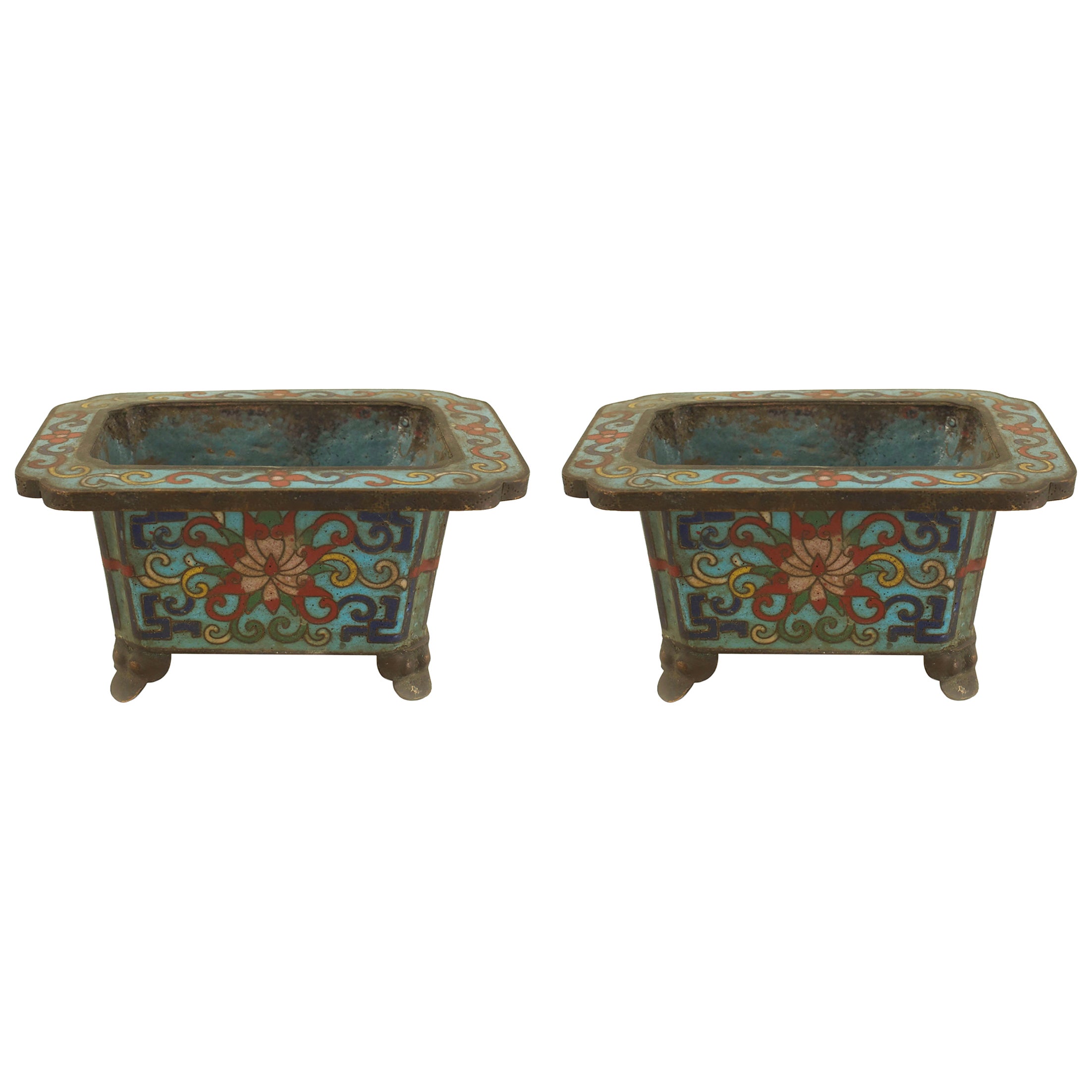 Pair of Chinese Cloisonne Pots with Stands For Sale