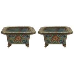 Antique Pair of Chinese Cloisonne Pots with Stands