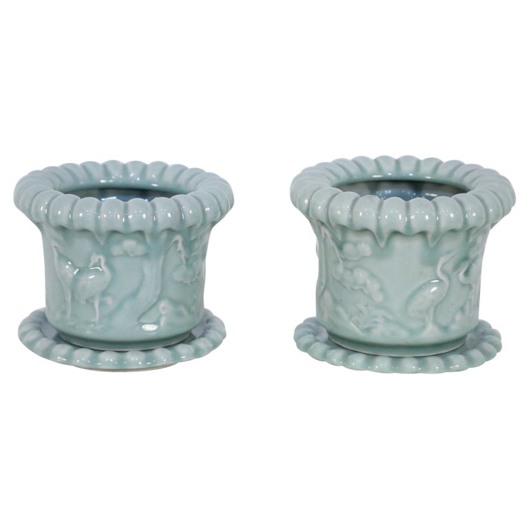 Pair of Chinese Celadon Scalloped Pots For Sale