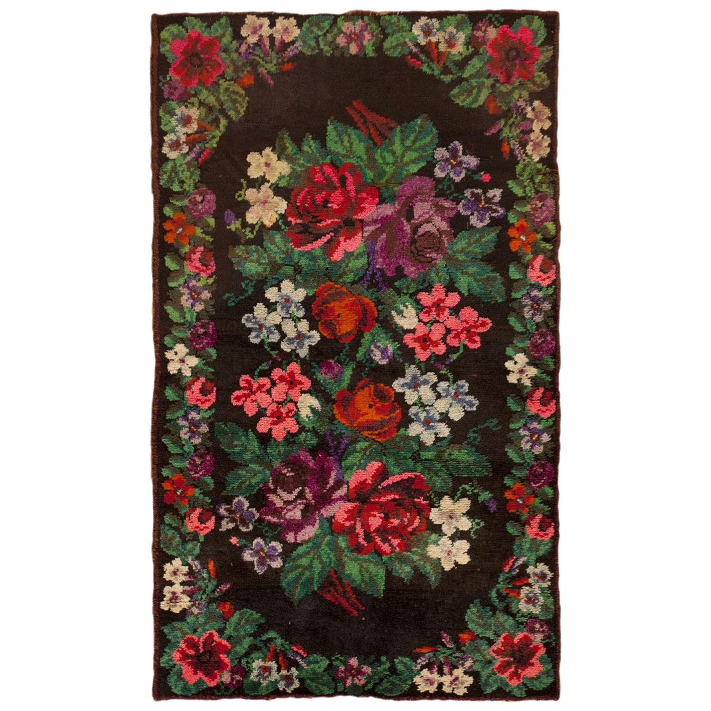 Bold Color Floral Blossom Design Vintage Swedish Floral Pile Rug 4'1" x 6'9"