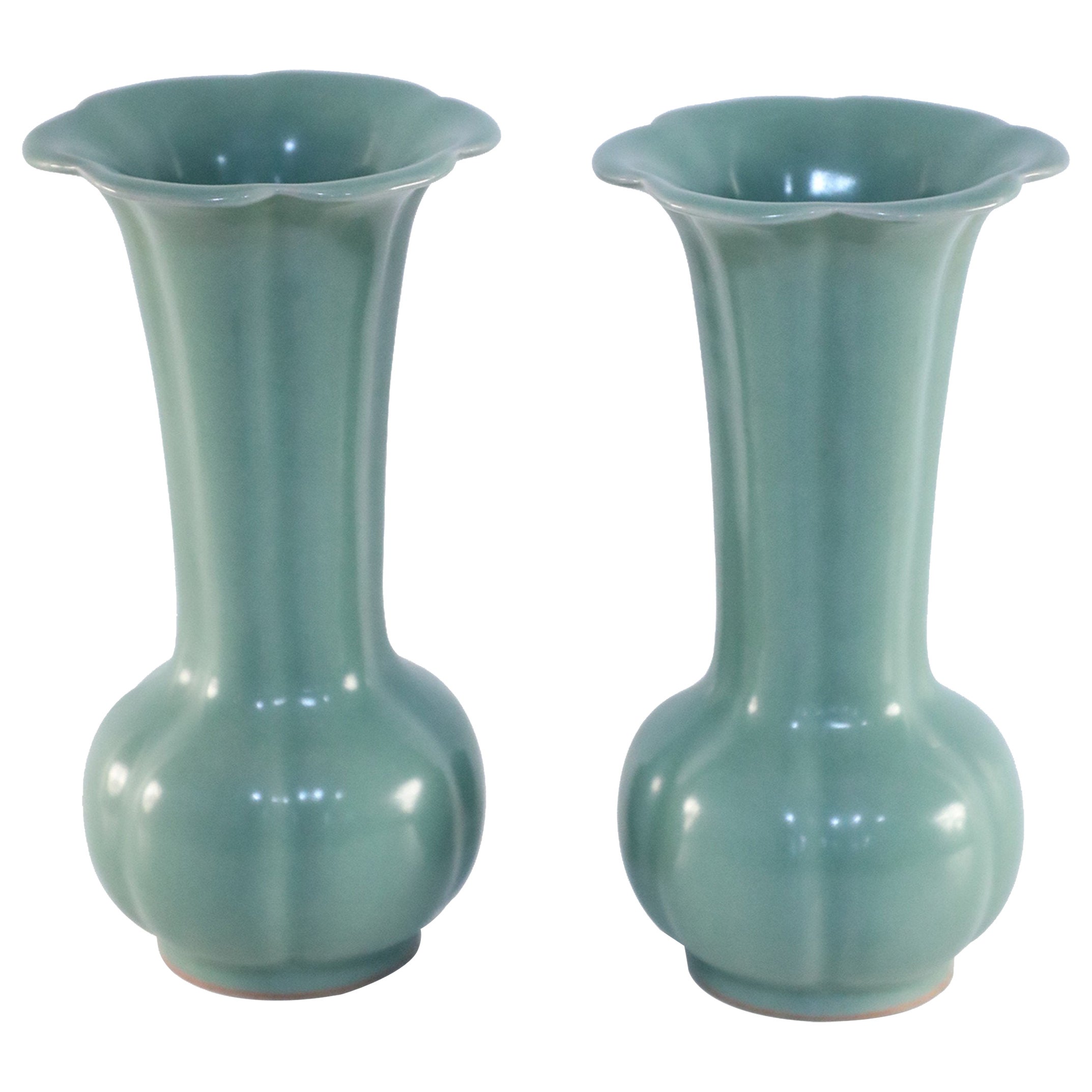 Pair of Chinese Fluted and Scalloped Celadon Porcelain Vases