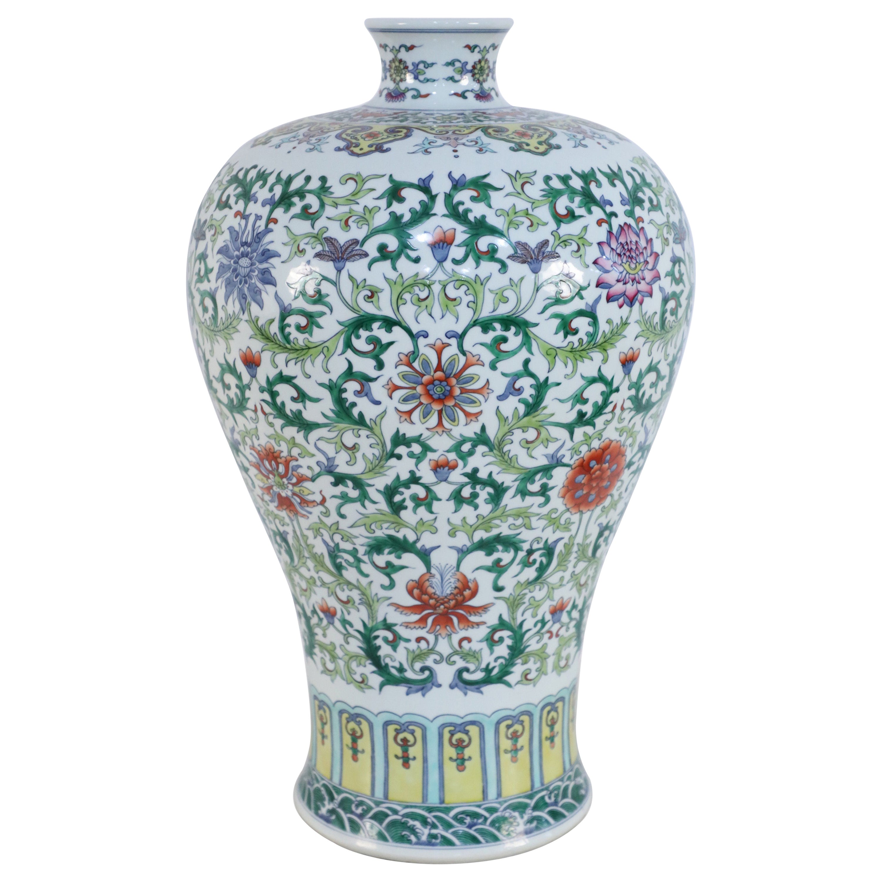 Chinese White and Multicolor Floral and Vine Motif Meiping Porcelain Urn