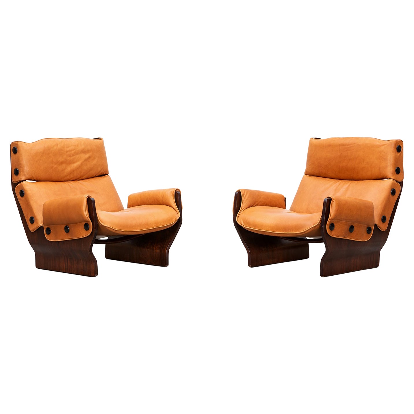 1960s Wood and Leather Pair of Lounge Chairs by Osvaldo Borsani