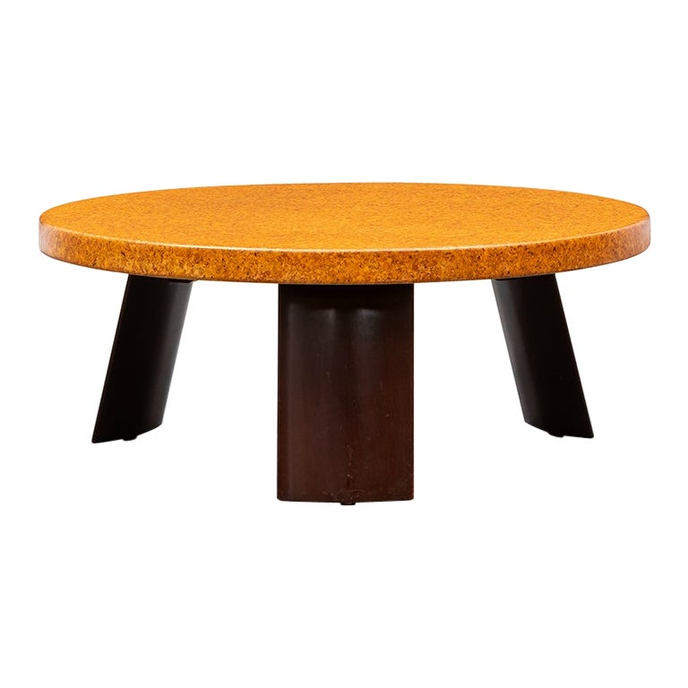 1950s Round Brown Cork and Mahogany Coffee Table by Paul Frankl