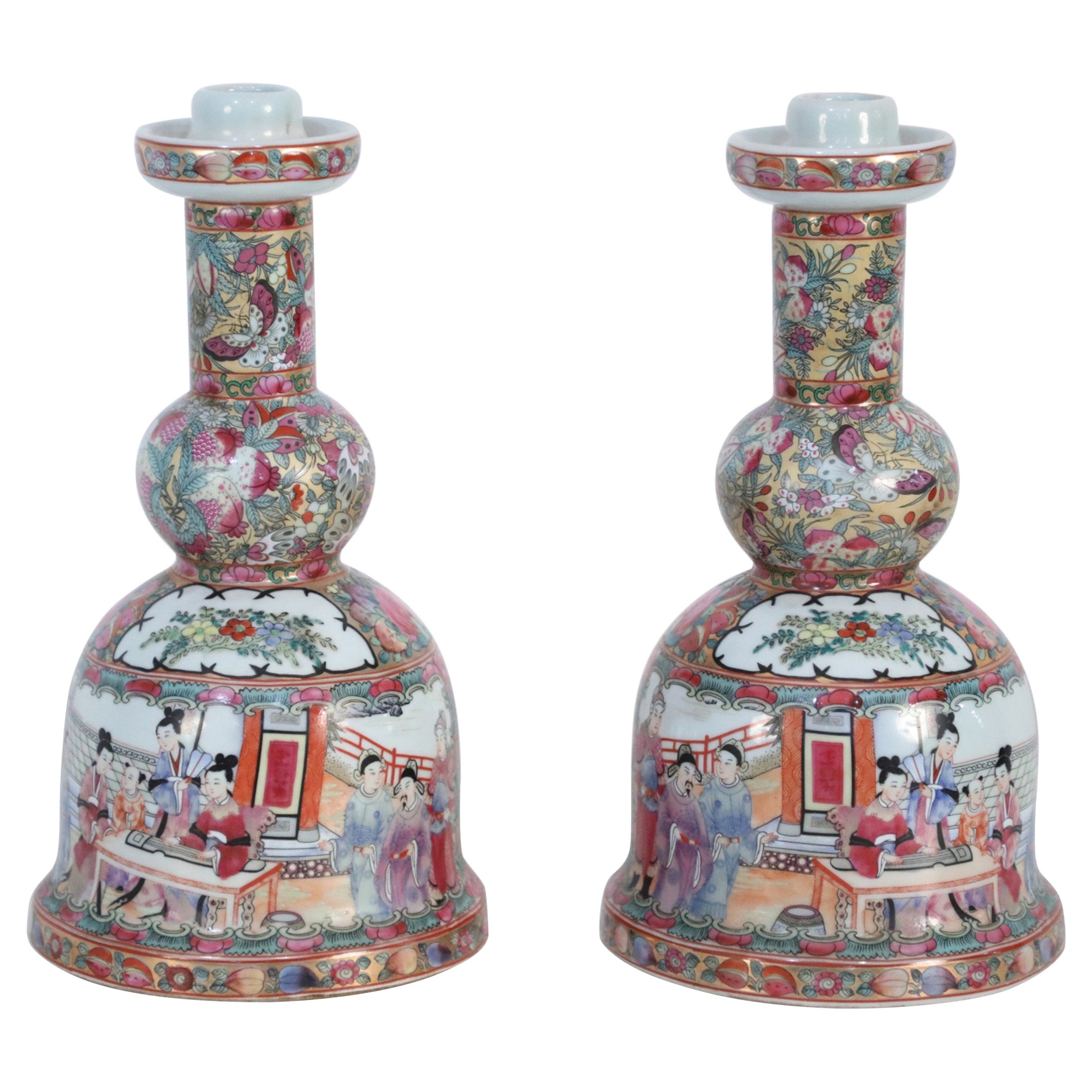 Pair of Chinese Rose Medallion and Genre Scene Candle Holders For Sale