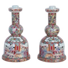 Pair of Chinese Rose Medallion and Genre Scene Candle Holders