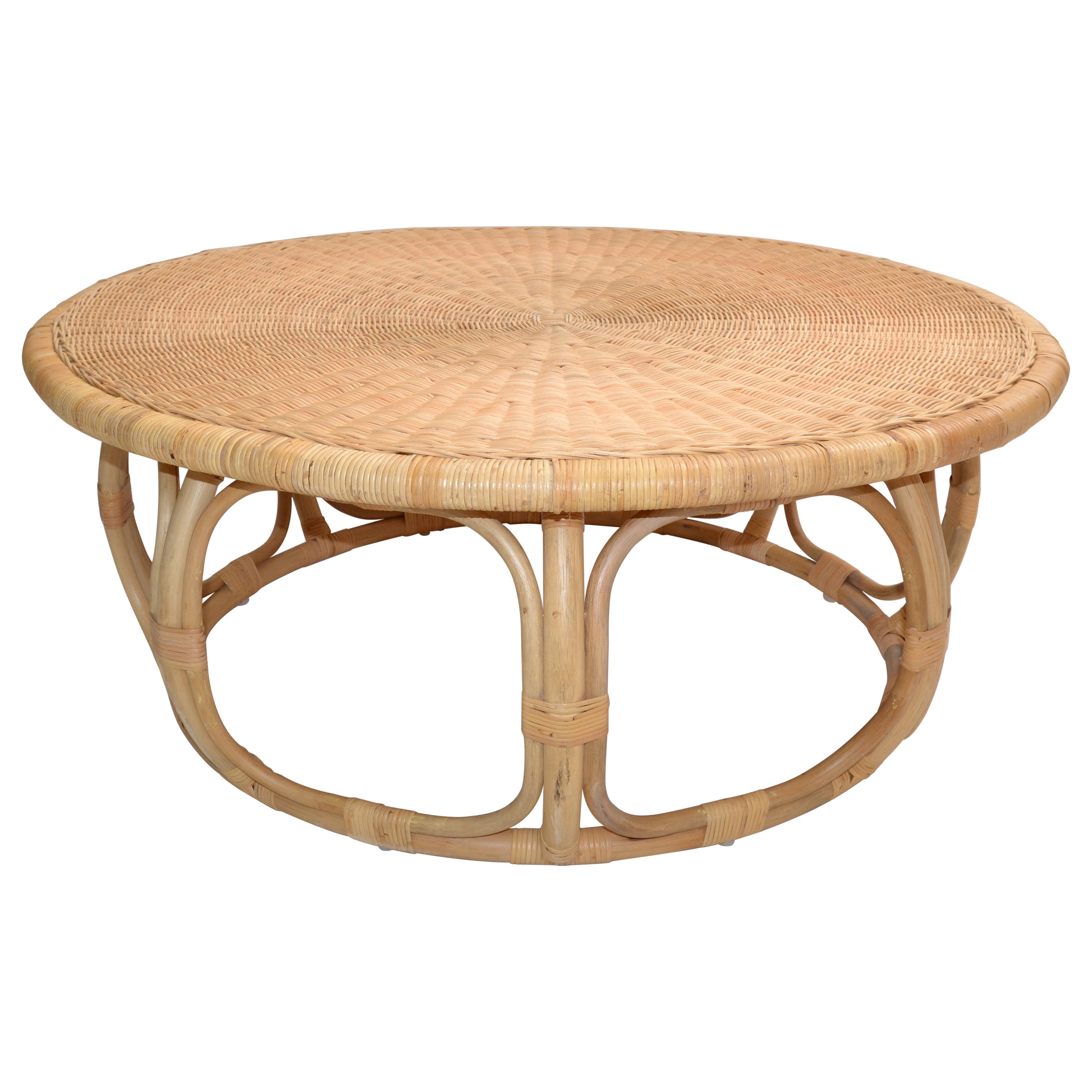 Organic Modern Round Handwoven Rattan / Wicker Coffee or Cocktail Table 1990