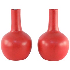 Vintage Pair of Chinese Red Flower Design Hand-Painted Porcelain Vases