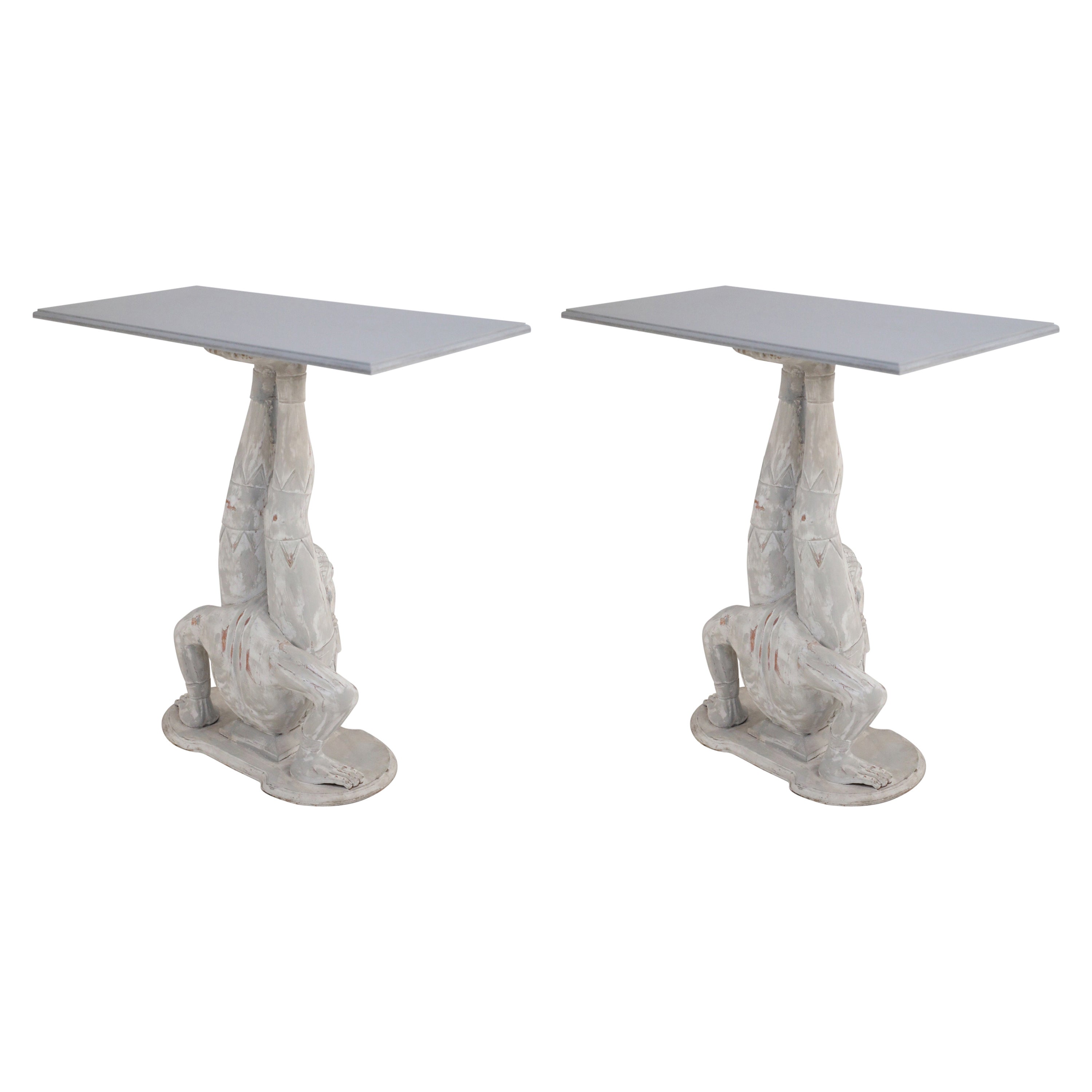 Pair of Chinese Wooden White Painted Contortionist Console Tables
