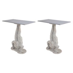 Pair of Chinese Wooden White Painted Contortionist Console Tables