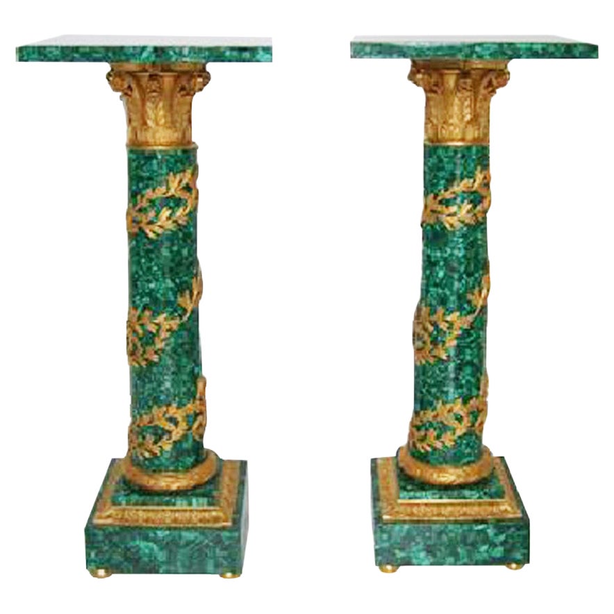 Pair of Neoclassical Style Ormolu Mounted Malachite Pedestals For Sale