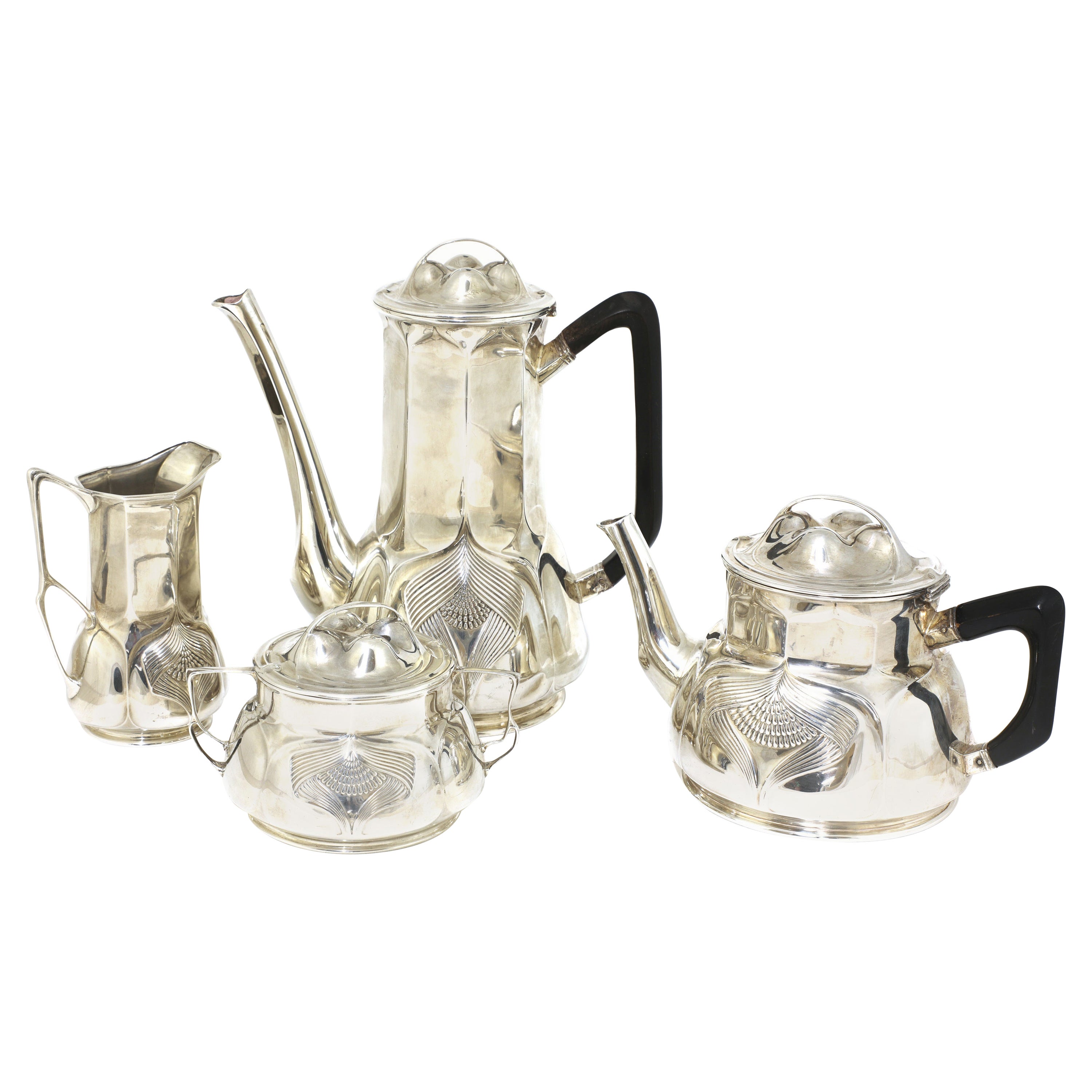 Service à thé et café quatre pièces Orivit Jugendstil en argent sterling en vente