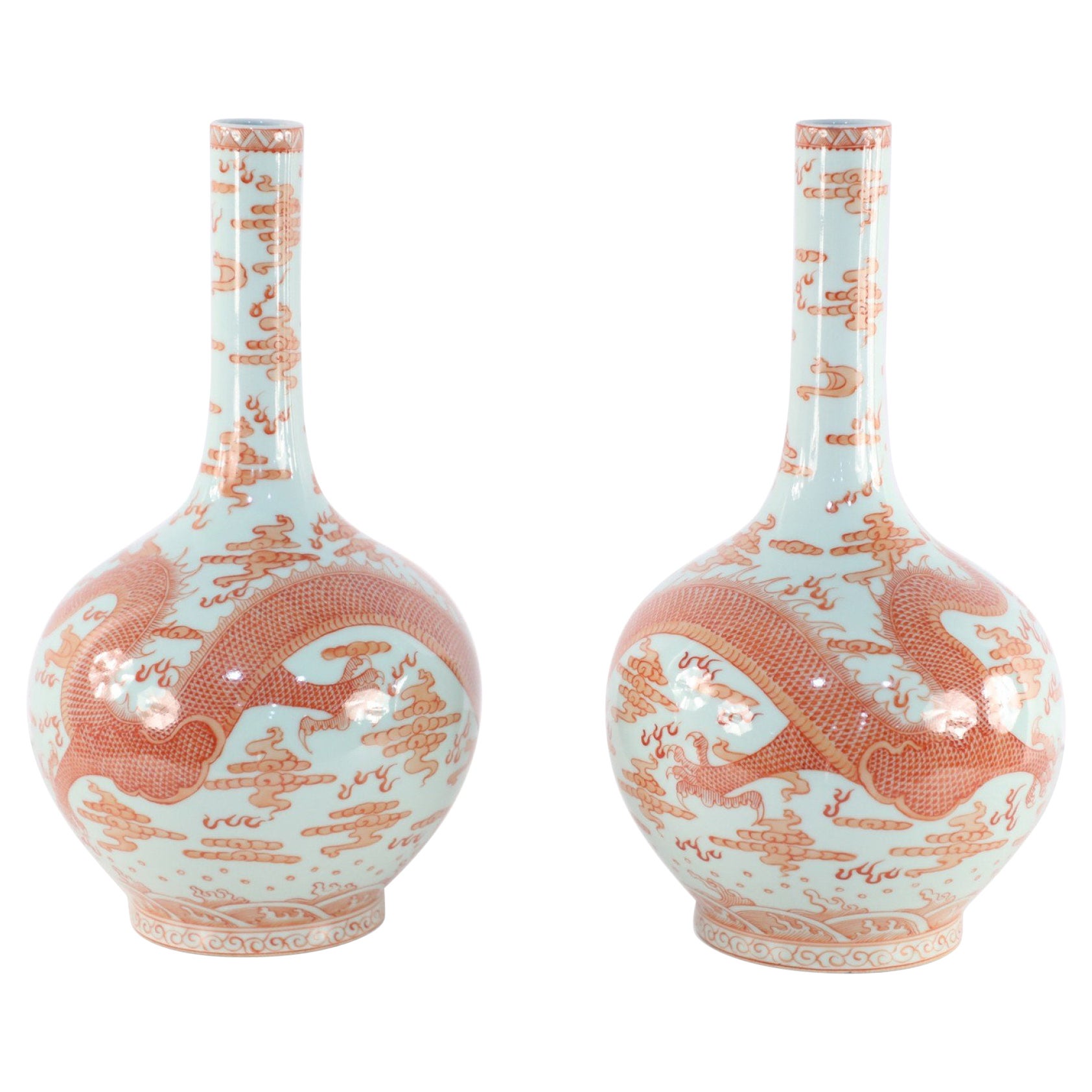 Pair of Chinese Qing Dynasty Gray and Alum Red Dragon Motif Porcelain Vases
