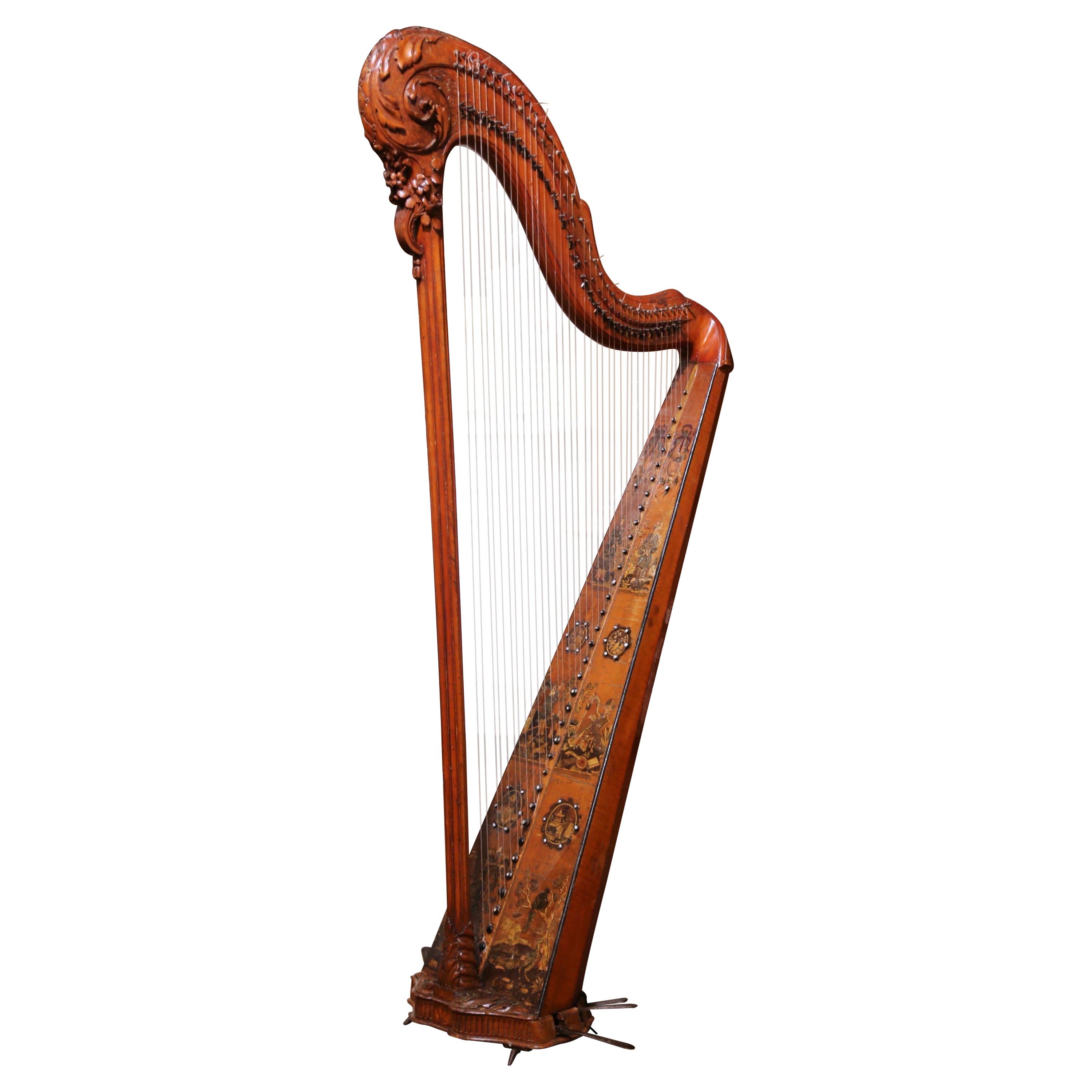 18th Century French Maple Decorative Harp with Hand Painted Chinoiserie Motifs For Sale