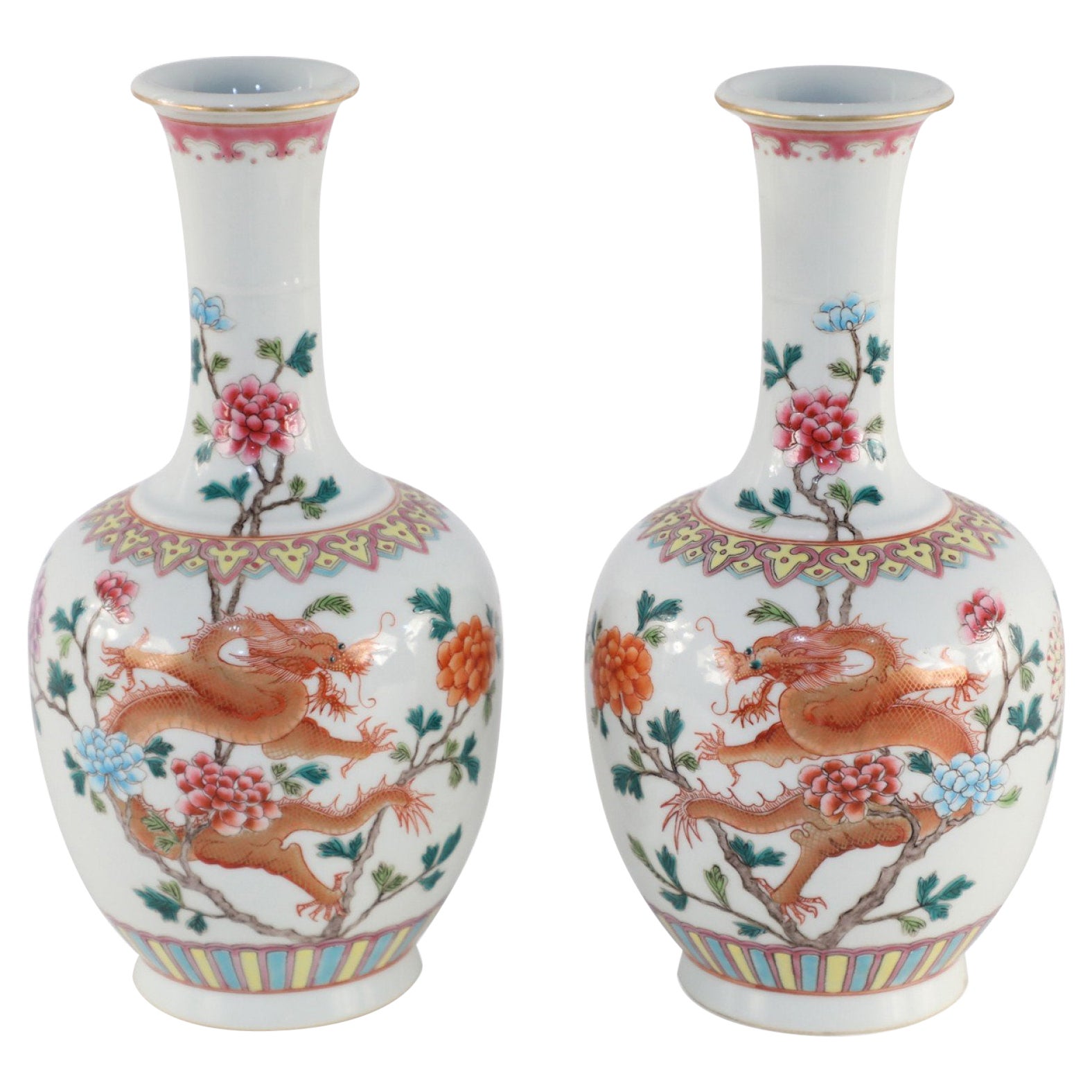Pair of Chinese Qing Dynasty Orange Dragon and Floral Motif Porcelain Vases