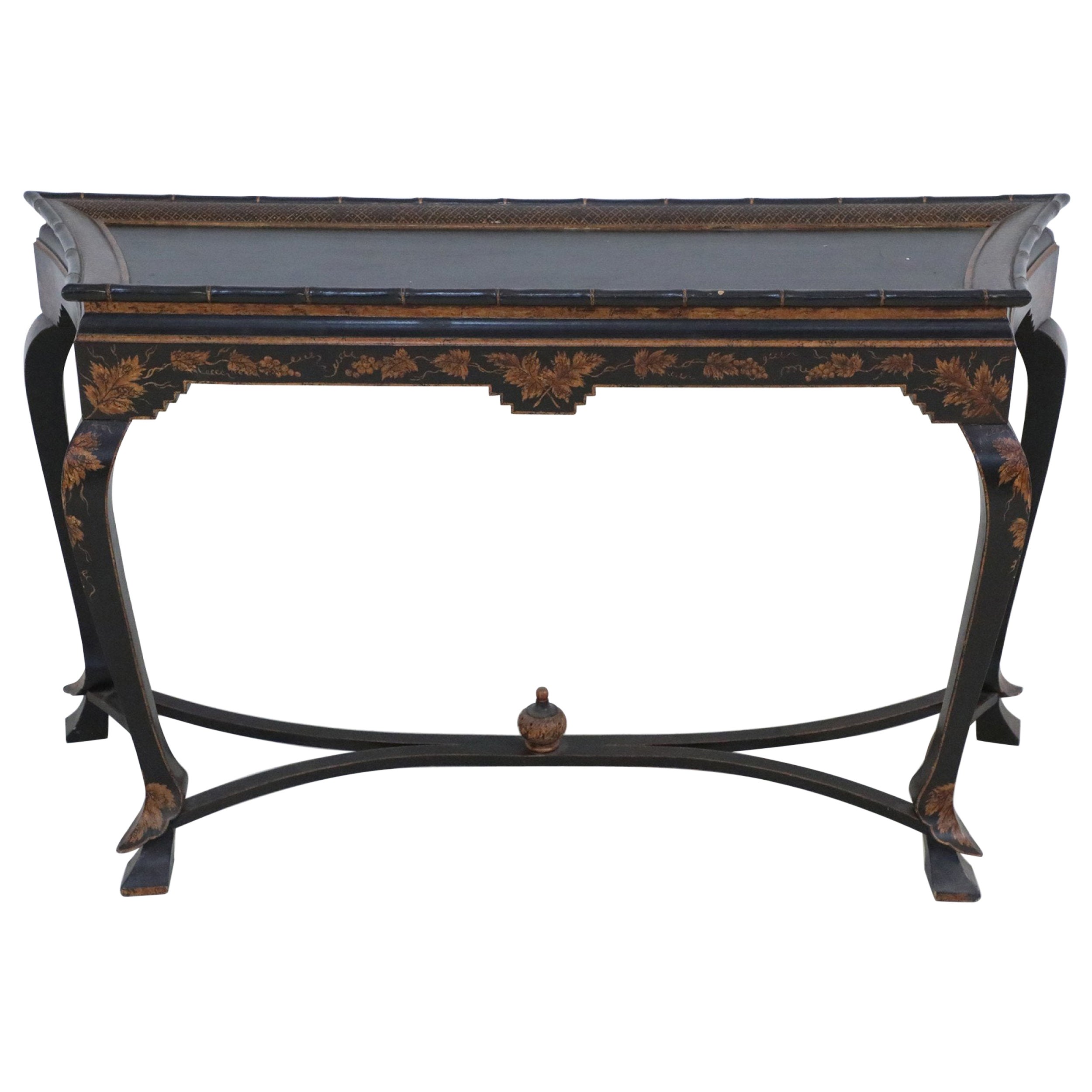 Chinese Faux Bamboo Edged Black and Gold Console Table