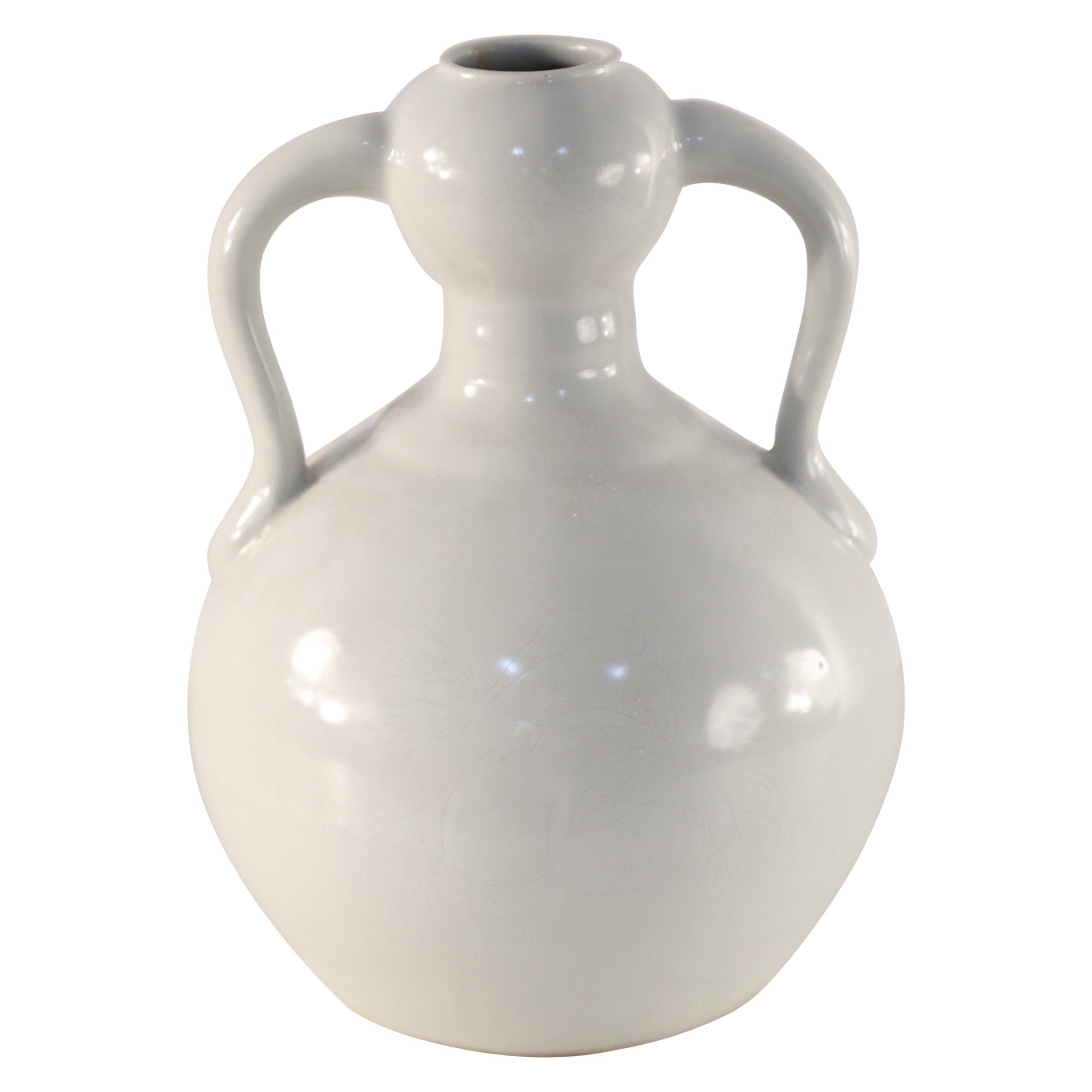 Vase chinois en porcelaine à double oreille en forme de gourde blanc cassé