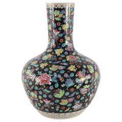 Vintage Chinese Black and Multicolor Floral Porcelain Vase