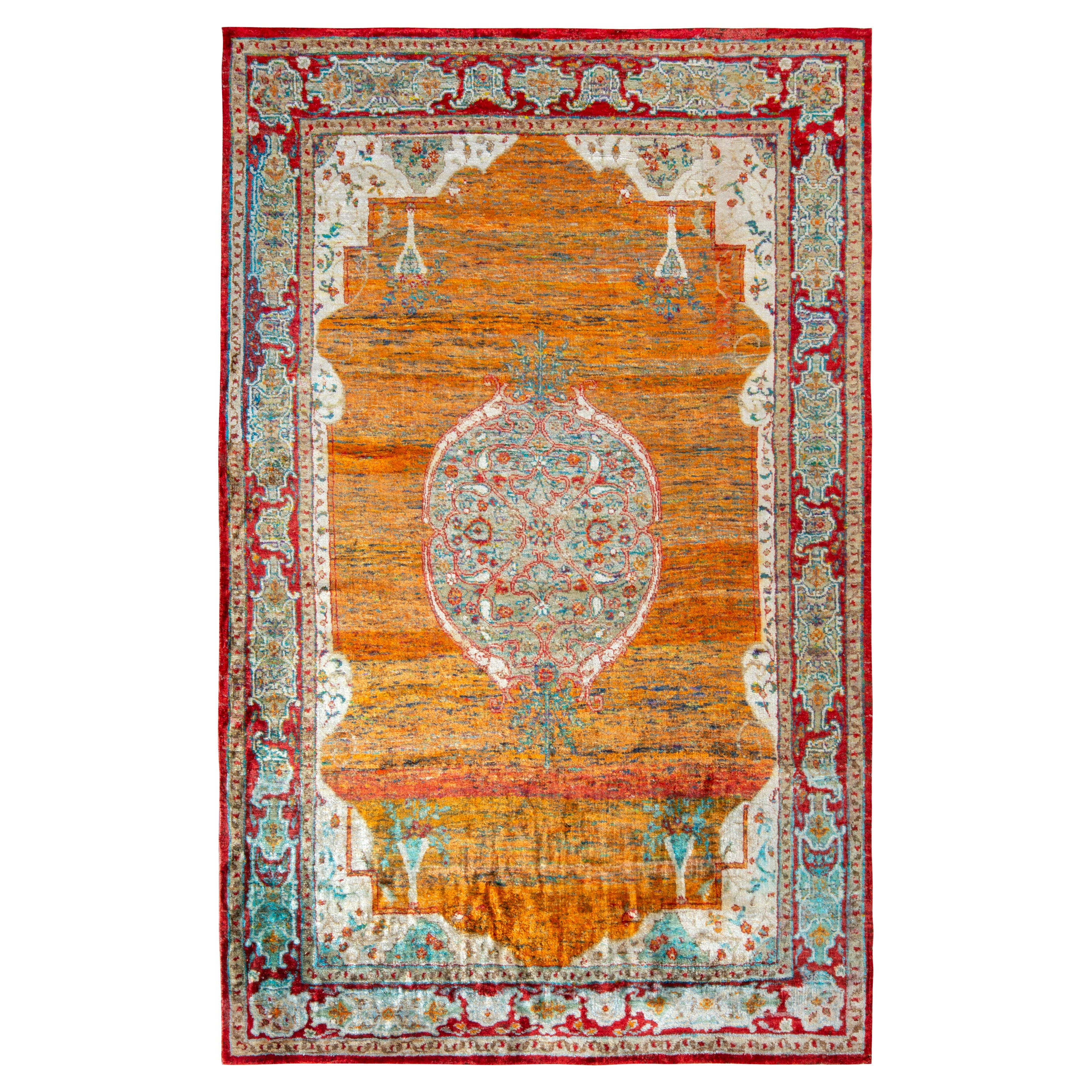 Rug & Kilim’s Classic Agra Style Rug in Orange-Red, Blue Medallion Pattern For Sale