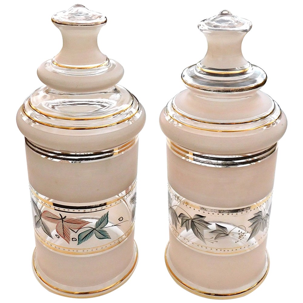 Paar blassrosa Apothekergefäße aus Milchglas mit Blattdekoration, Vintage im Angebot