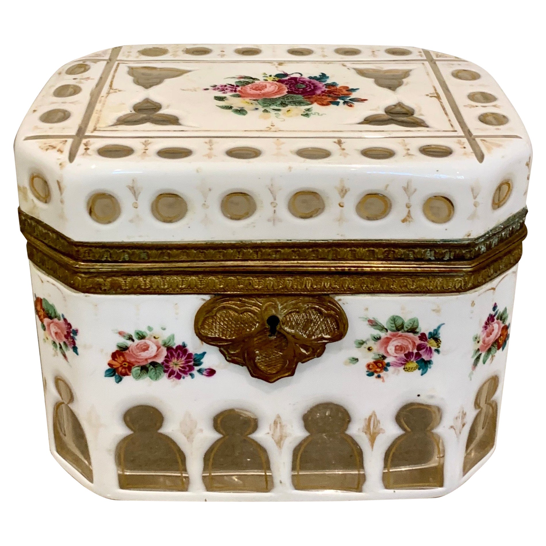 Superb Quality Bohemian White Overlay Floral Enamelled Casket / Box