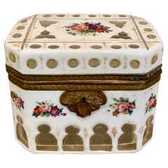 Superb Quality Bohemian White Overlay Floral Enamelled Casket / Box