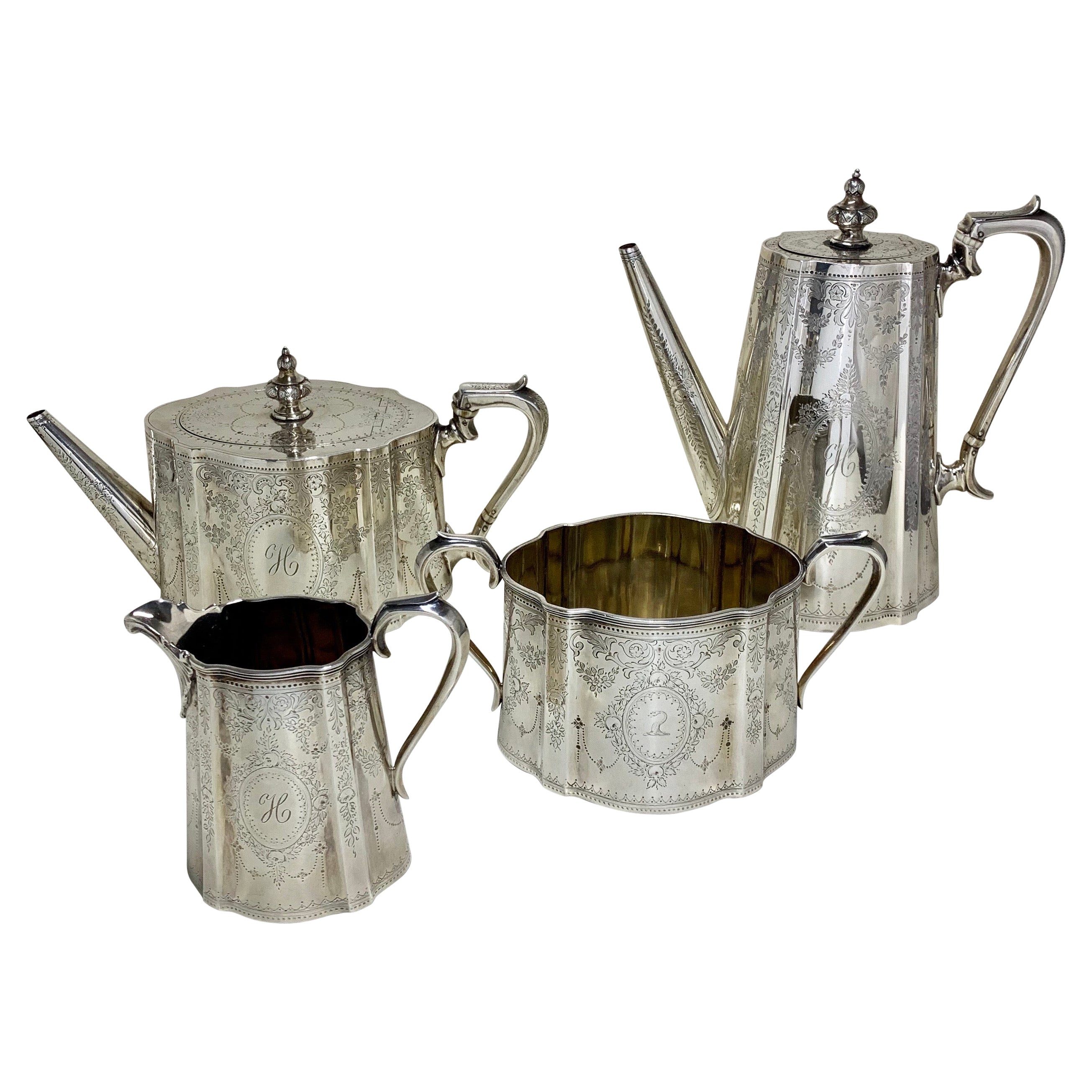 Highly Engraved Victorian Sterling Silver Tea Coffee Service, 1873 For Sale