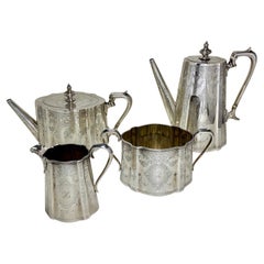 Antique Highly Engraved Victorian Sterling Silver Tea Coffee Service, 1873