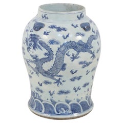 Chinese White and Blue Dragon Motif Porcelain Floor Urn
