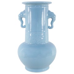 Chinese Light Blue Elephant Handled Porcelain Vase