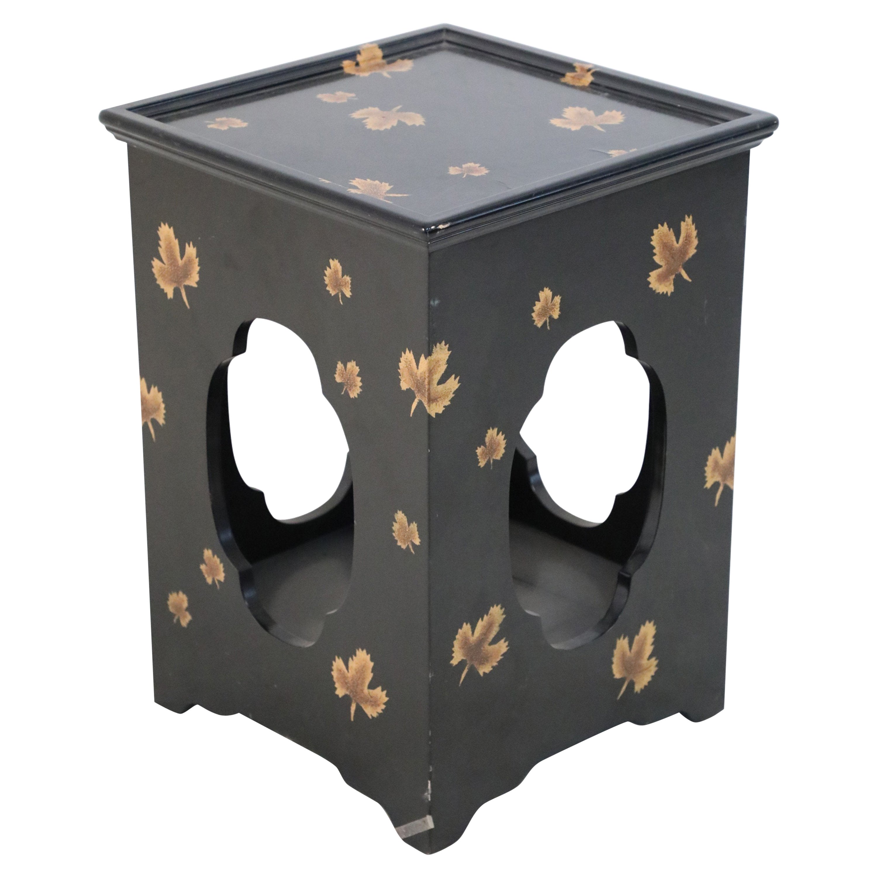 Contemporary Chinese Black and Leaf Motif Square Side Tables For Sale