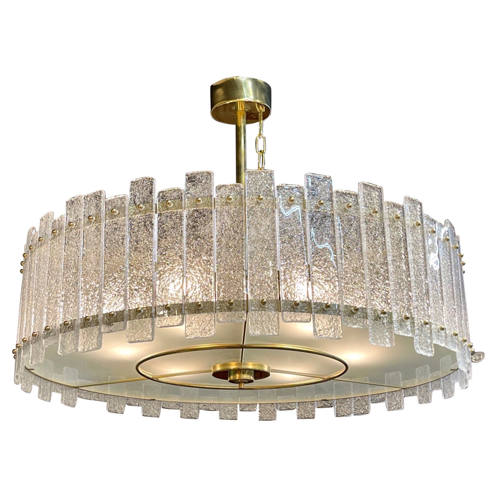 Drum Shaped Modern Murano Glass and Brass Chandelier For Sale