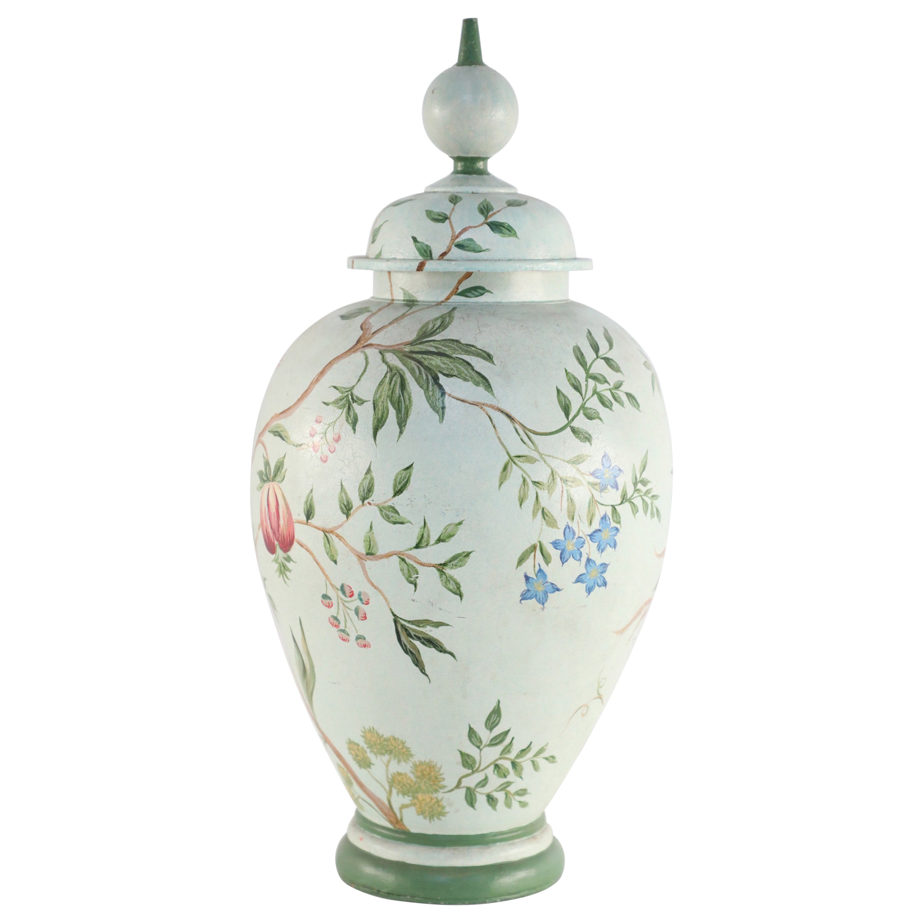 Chinese Green and Botanical Hand-Made Tole Lidded Urn For Sale