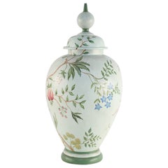 Chinese Green and Botanical Hand-Made Tole Lidded Urn