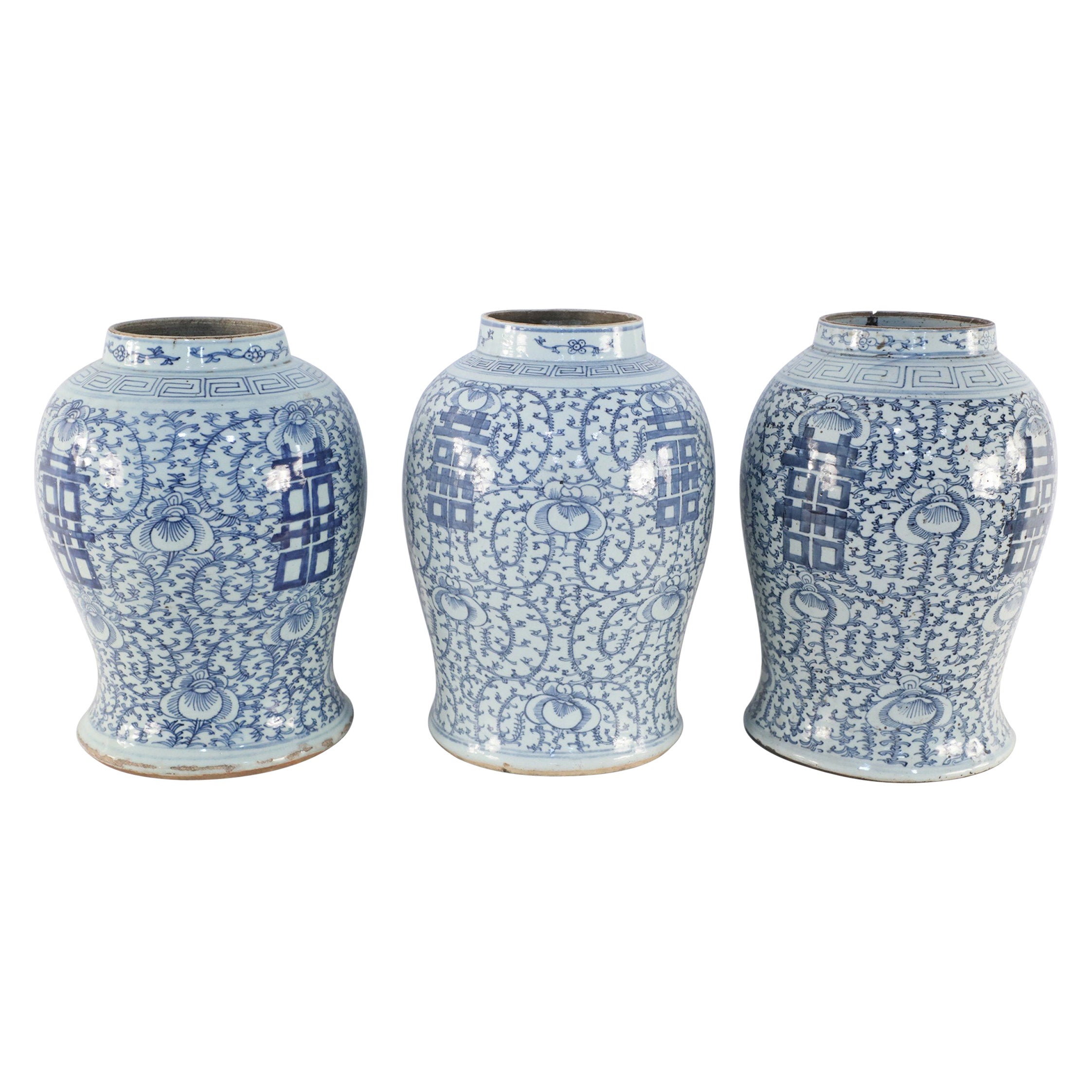Chinese Off-White and Blue Vine Character Porcelain Urn Vases For Sale